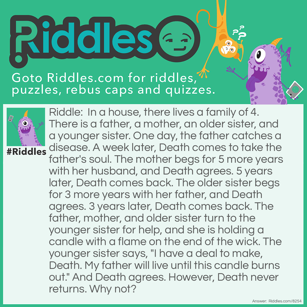 Riddle: In a house, there lives a family of 4. There is a father, a mother, an older sister, and a younger sister. One day, the father catches a disease. A week later, Death comes to take the father's soul. The mother begs for 5 more years with her husband, and Death agrees. 5 years later, Death comes back. The older sister begs for 3 more years with her father, and Death agrees. 3 years later, Death comes back. The father, mother, and older sister turn to the younger sister for help, and she is holding a candle with a flame on the end of the wick. The younger sister says, "I have a deal to make, Death. My father will live until this candle burns out." And Death agrees. However, Death never returns. Why not? Answer: The younger sister blew out the candle, so it didn't technically burn out. Then she threw away the candle so the family wouldn't mistakenly light it.
