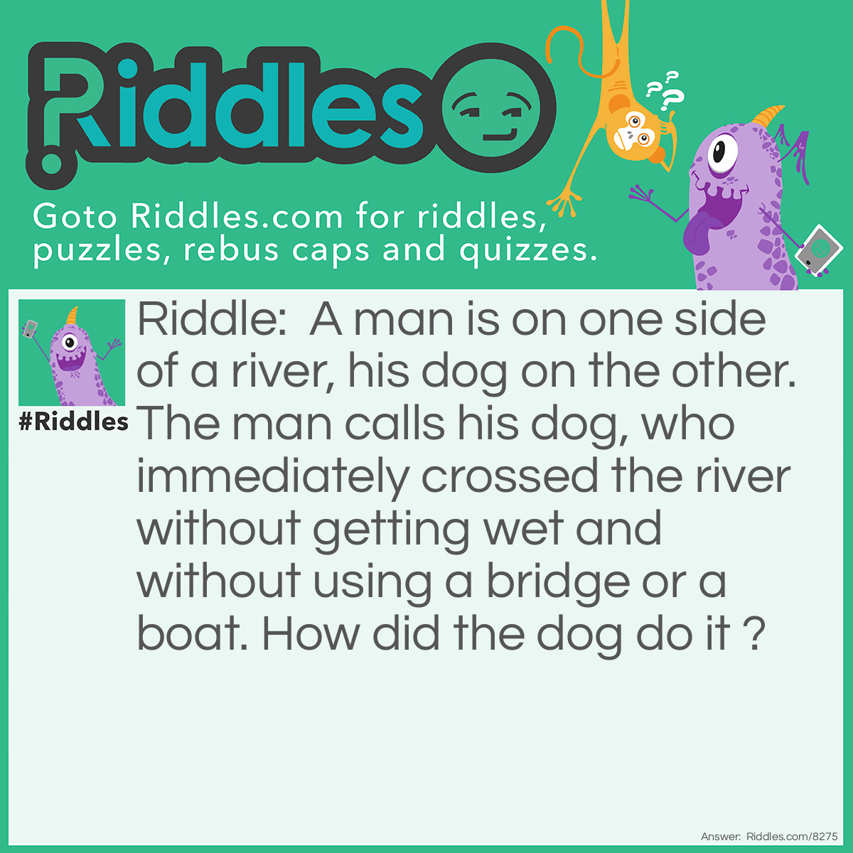 Riddle: A man is on one side of a river, his dog on the other. The man calls his dog, who immediately crossed the river without getting wet and without using a bridge or a boat. How did the dog do it? Answer: The river was frozen.