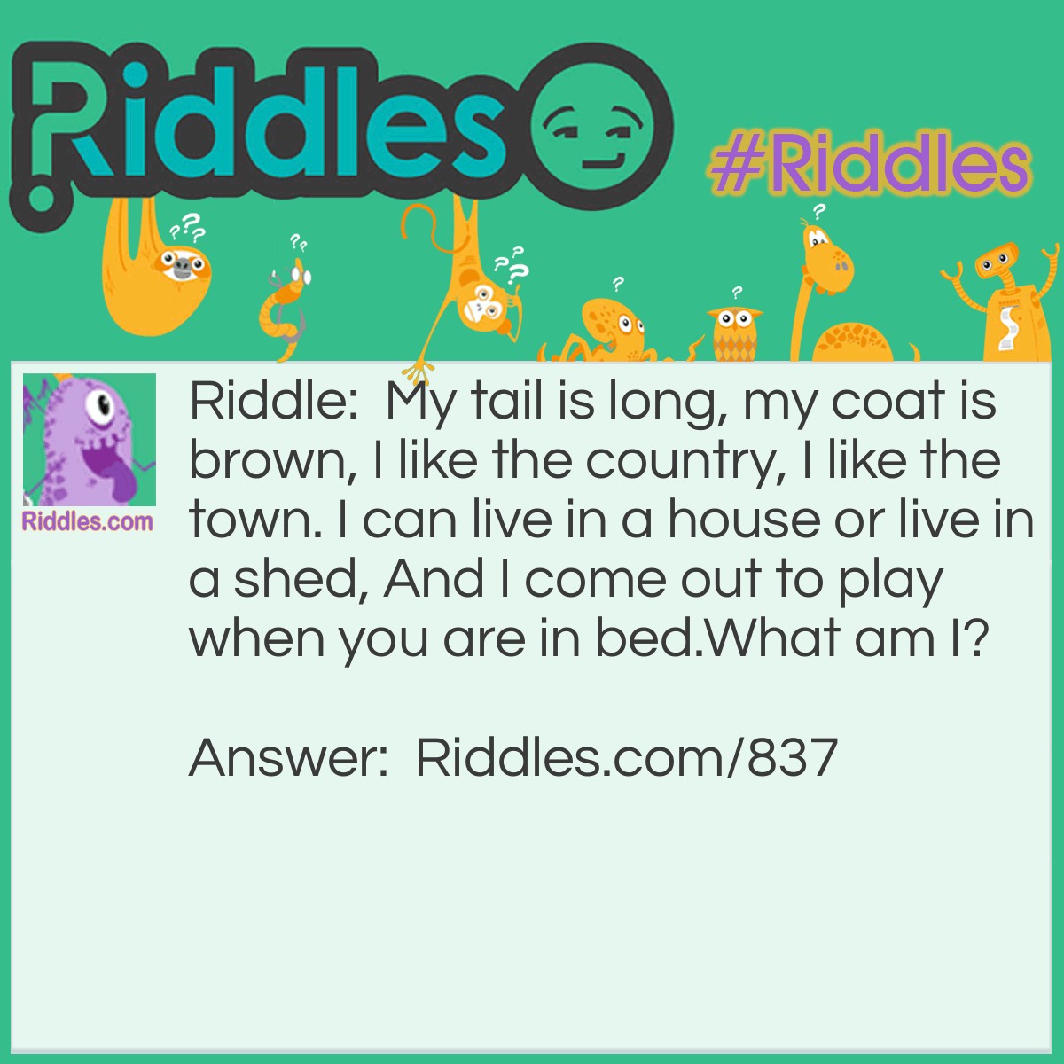 Riddle: My tail is long, my coat is brown, I like the country, I like the town. I can live in a house or live in a shed, And I come out to play when you are in bed. 
What am I? Answer: A Mouse.