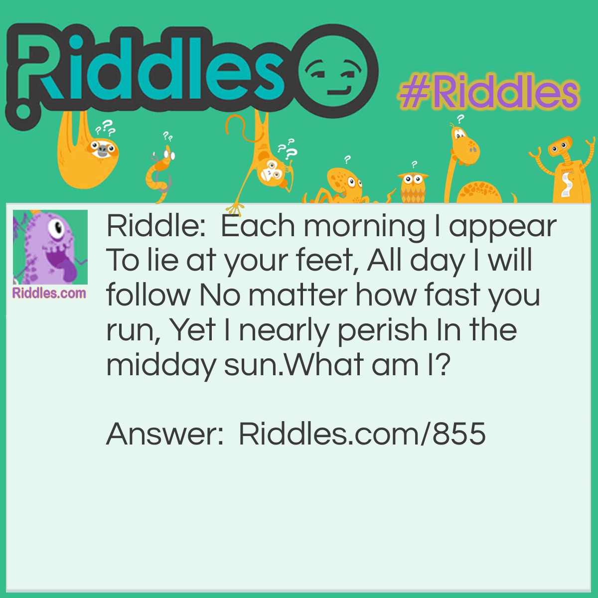 Riddle: Each morning I appear To lie at your feet, All day I will follow No matter how fast you run, Yet I nearly perish In the midday sun.
What am I? Answer: I am your shadow.