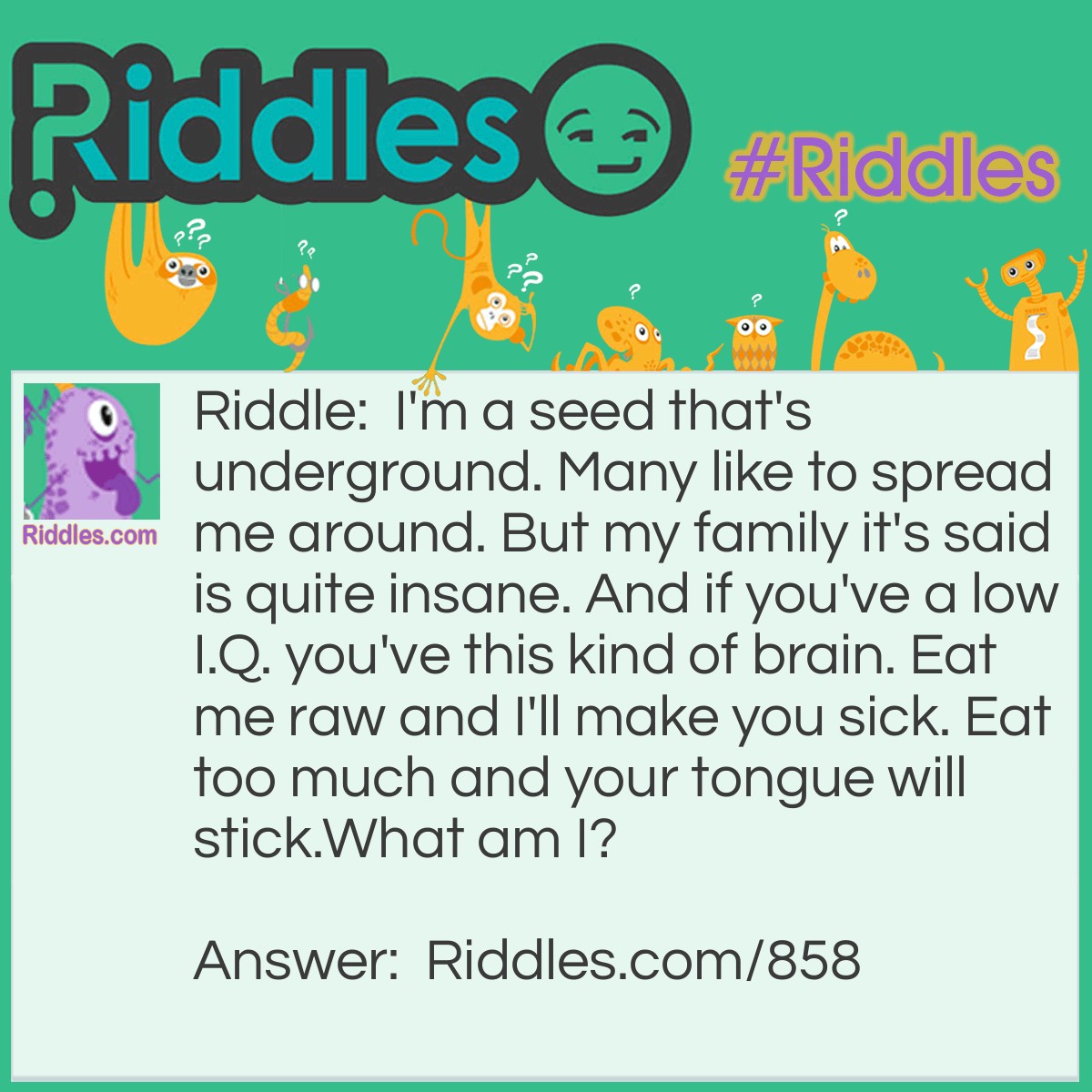 Riddle: I'm a seed that's underground. Many like to spread me around. But my family it's said is quite insane. And if you've a low I.Q. you've this kind of brain. Eat me raw and I'll make you sick. Eat too much and your tongue will stick.
What am I? Answer: A peanut.