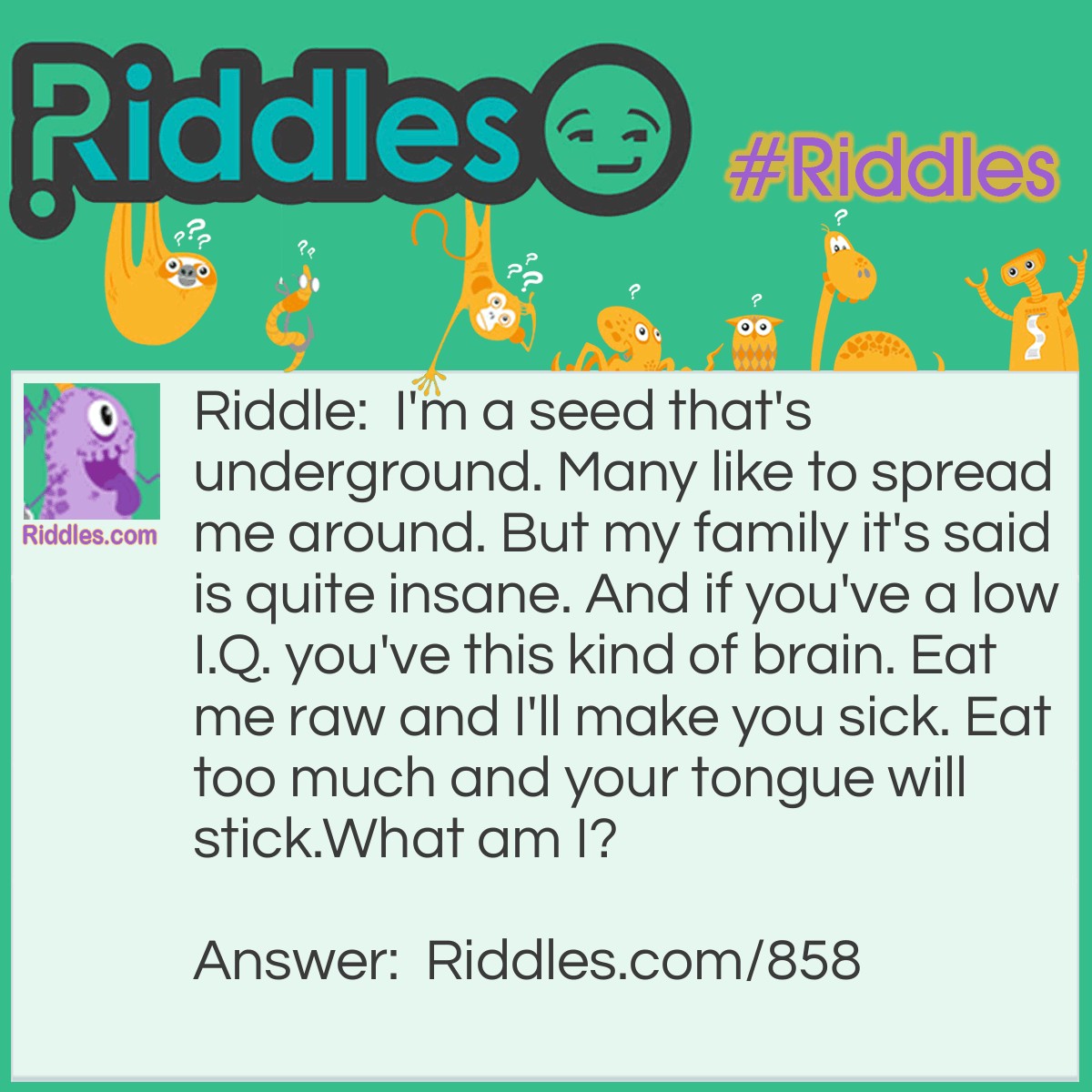 Riddle: I'm a seed that's underground. Many like to spread me around. But my family it's said is quite insane. And if you've a low I.Q. you've this kind of brain. Eat me raw and I'll make you sick. Eat too much and your tongue will stick.
What am I? Answer: A peanut.