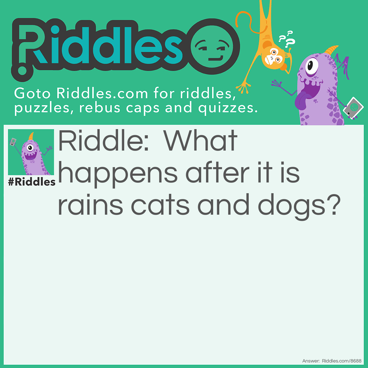 Riddle: What happens after it is rains cats and dogs? Answer: You step in a poodle.
