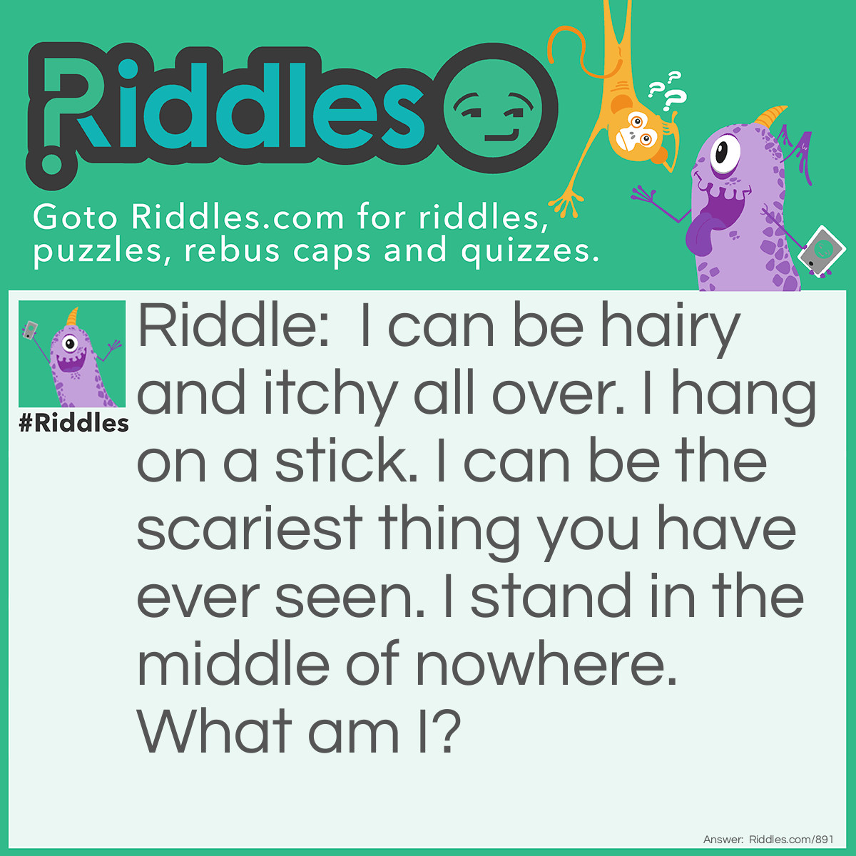 Riddle: I can be hairy and itchy all over. I hang on a stick. I can be the scariest thing you have ever seen. I stand in the middle of nowhere. What am I? Answer: A scarecrow!