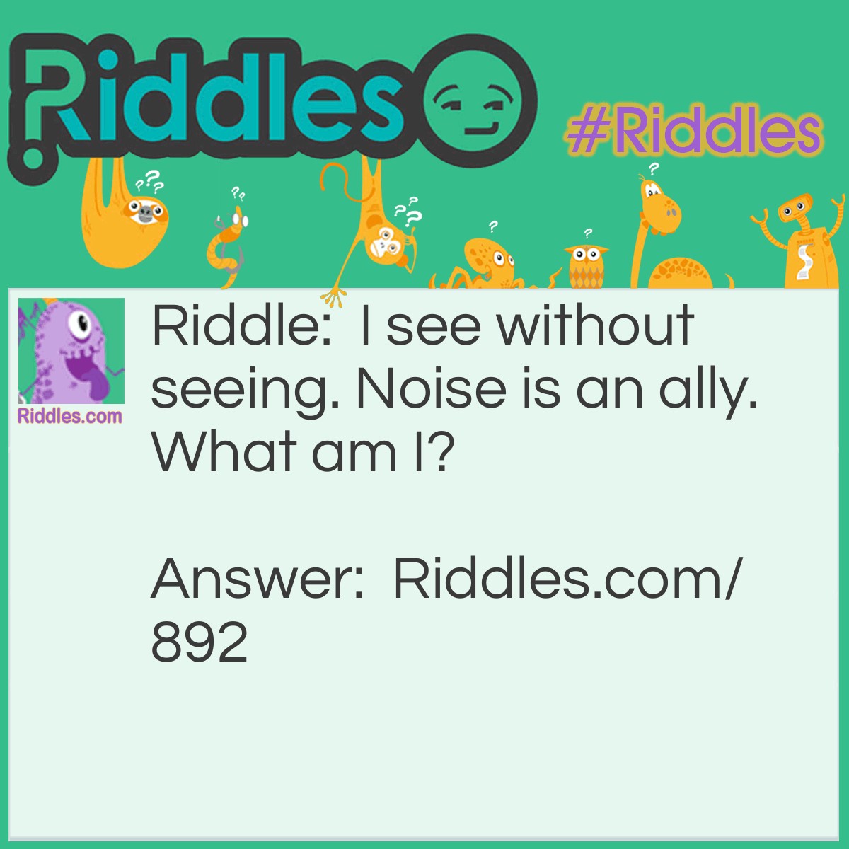 Riddle: I see without seeing. Noise is an ally. 
What am I? Answer: A bat.
