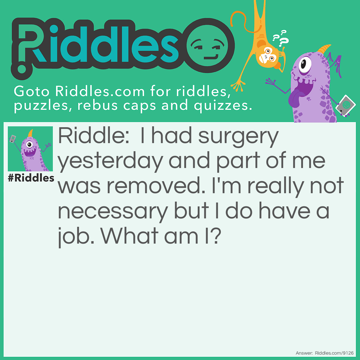 Riddle: I had surgery yesterday and part of me was removed. I'm really not necessary but I do have a job. What am I? Answer: ?