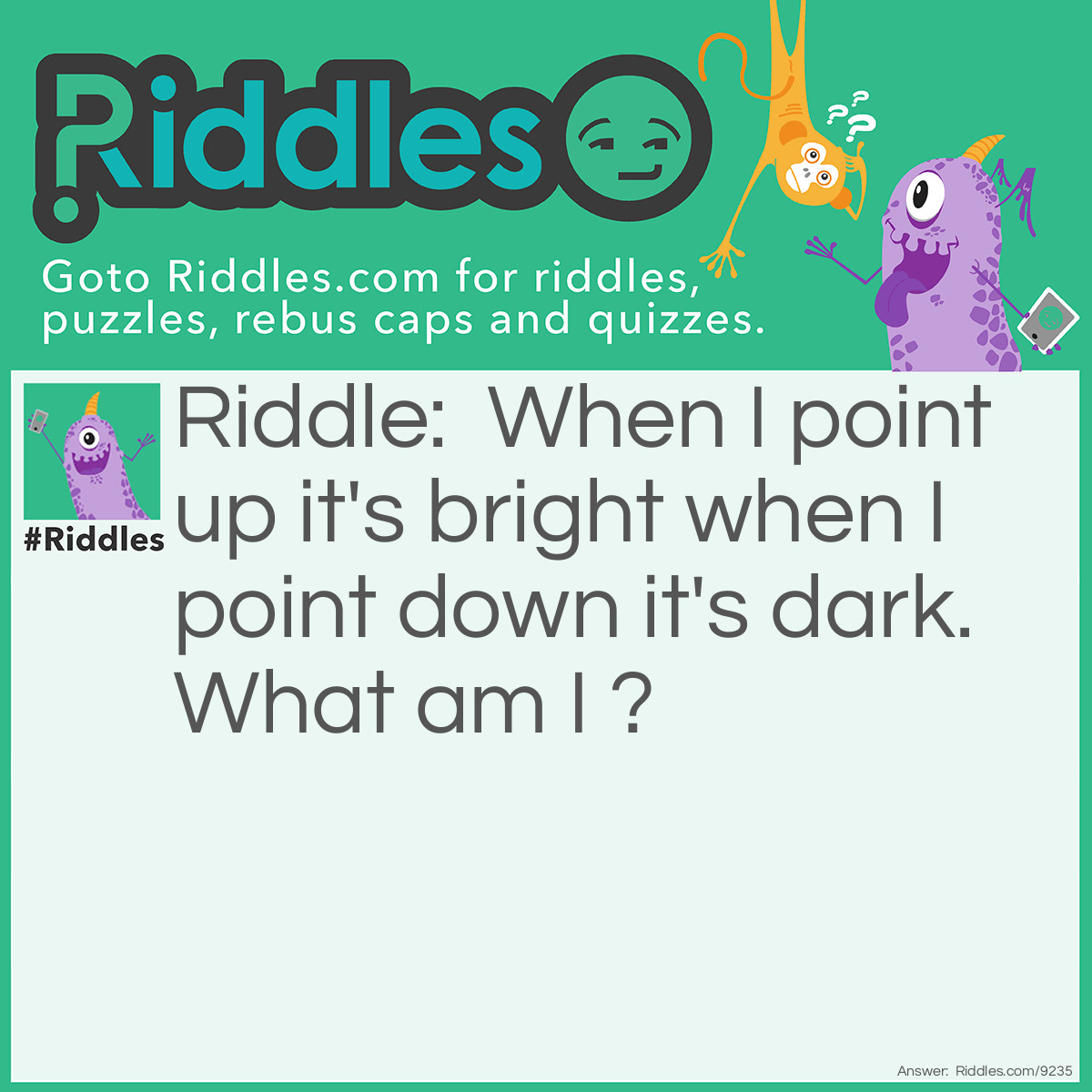 Riddle: When I point up it's bright when I point down it's dark. What am I ? Answer: A light switch.