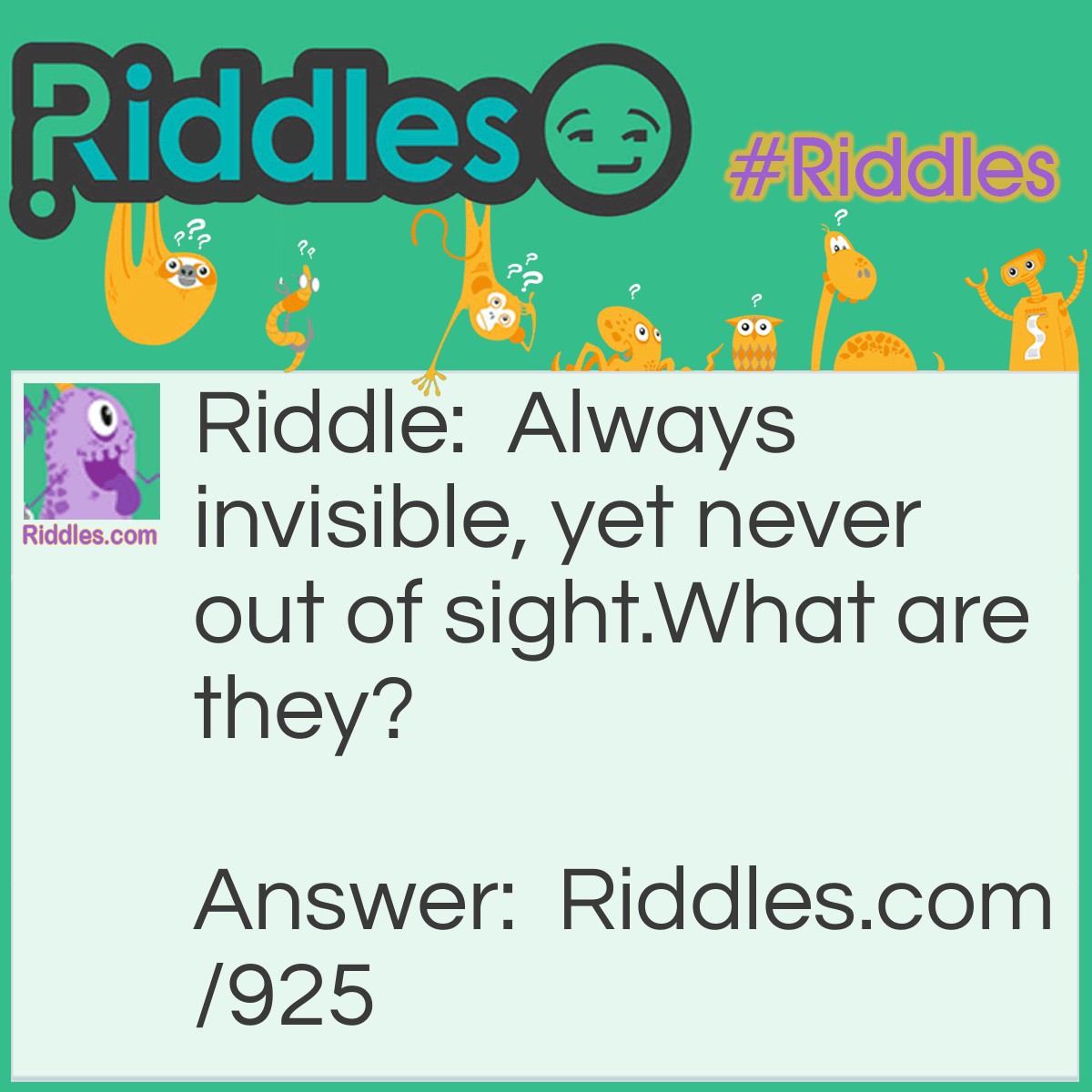 Riddle: Always invisible, yet never out of sight.
What are they? Answer: The letters I & S.