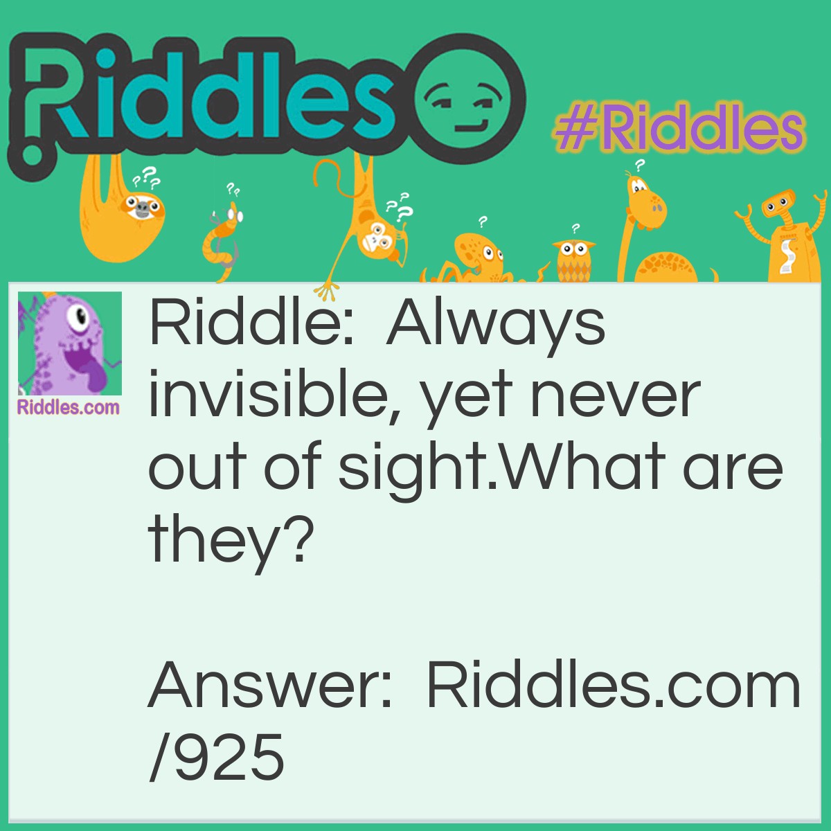 Riddle: Always invisible, yet never out of sight.
What are they? Answer: The letters I & S.