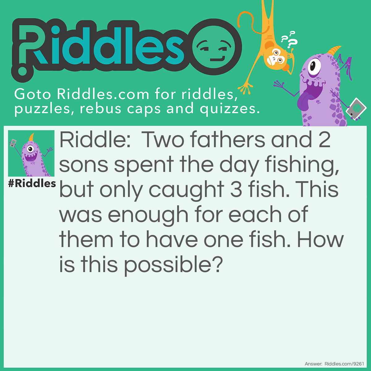 Riddle: Two fathers and 2 sons spent the day fishing, but only caught 3 fish. This was enough for each of them to have one fish. How is this possible? Answer: There were only 3 people fishing. There was one father, his son, and his son's son. This means there were 2 fathers and 2 sons, since one of them is a father and a son.