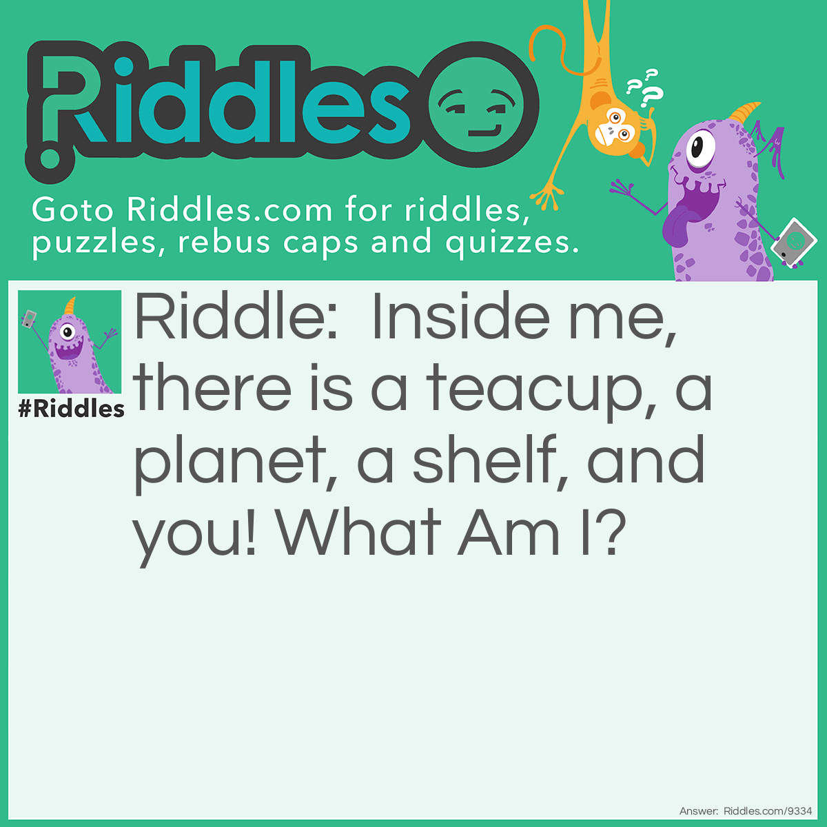 Riddle: Inside me, there is a teacup, a planet, a shelf, and you! What Am I? Answer: The Universe!