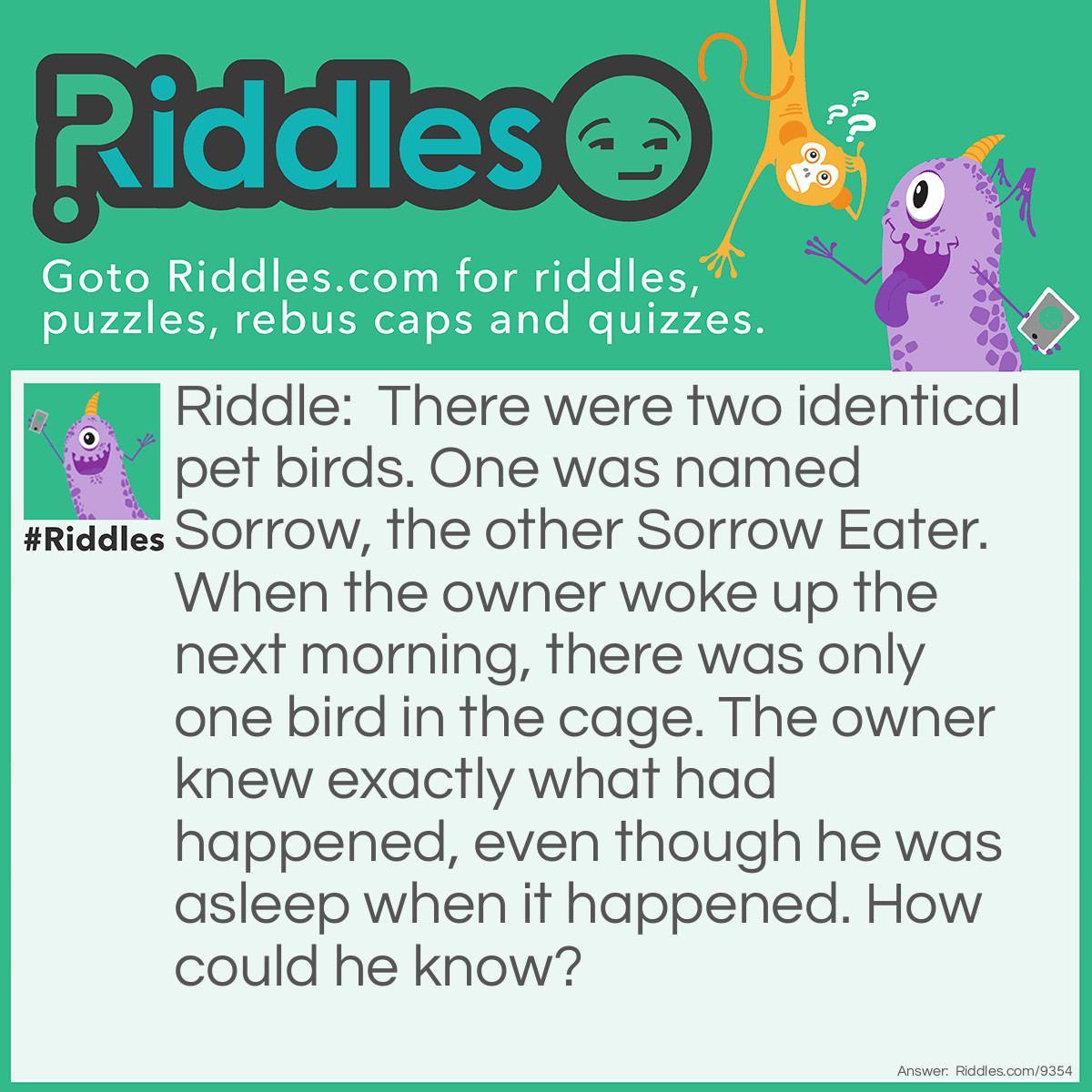 Riddle: There were two identical pet birds. One was named Sorrow, the other Sorrow Eater. When the owner woke up the next morning, there was only one bird in the cage. The owner knew exactly what had happened, even though he was asleep when it happened. How could he know? Answer: He planned for it to happen. When he named his birds, he knew that the Sorrow Eater would eat Sorrow, because it was a SORROW EATER.
