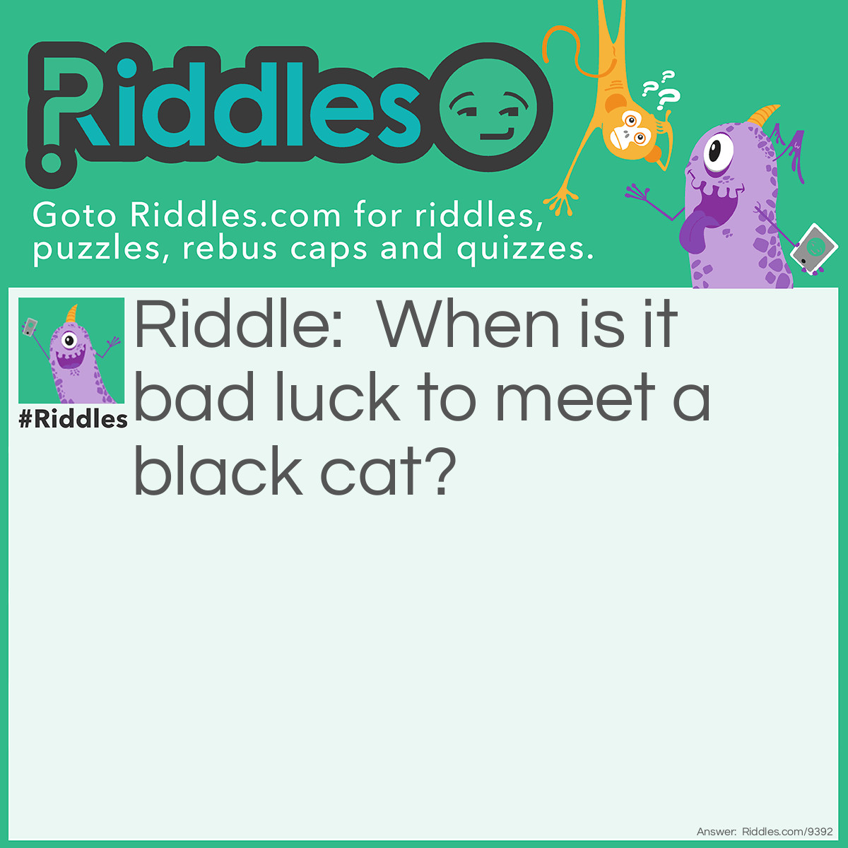 Riddle: When is it bad luck to meet a black cat? Answer: When you're a mouse.