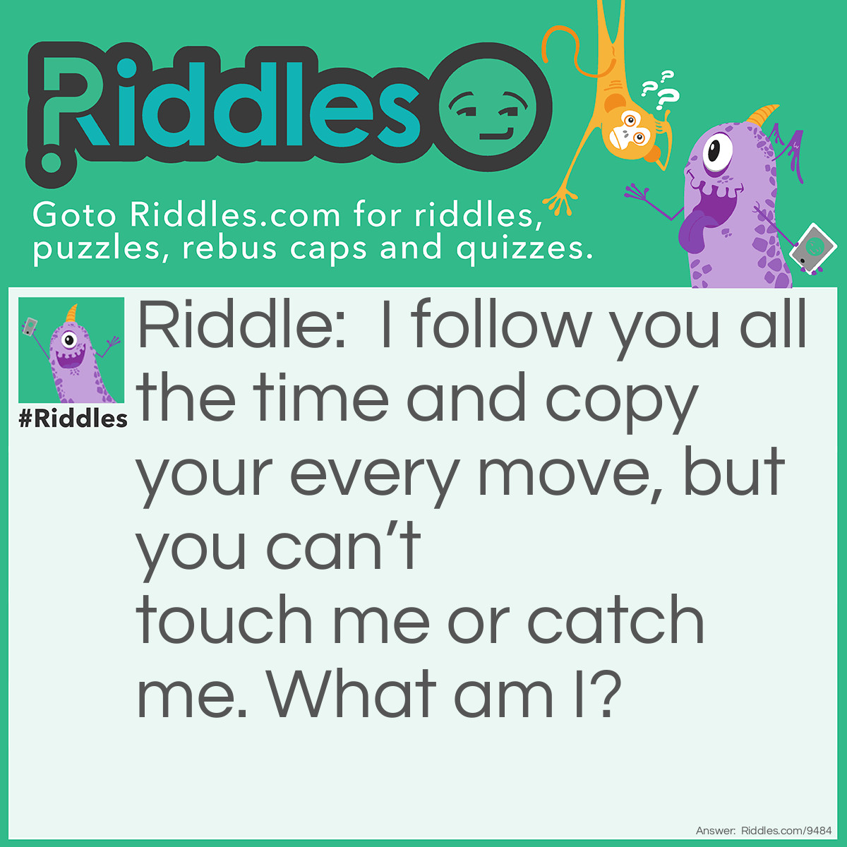 Riddle: I follow you all the time and copy your every move, but you can't touch me or catch me. What am I? Answer: Your shadow.