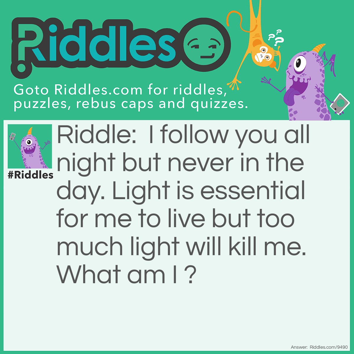 Riddle: I follow you all night but never in the day. Light is essential for me to live but too much light will kill me. What am I ? Answer: Your shadow
