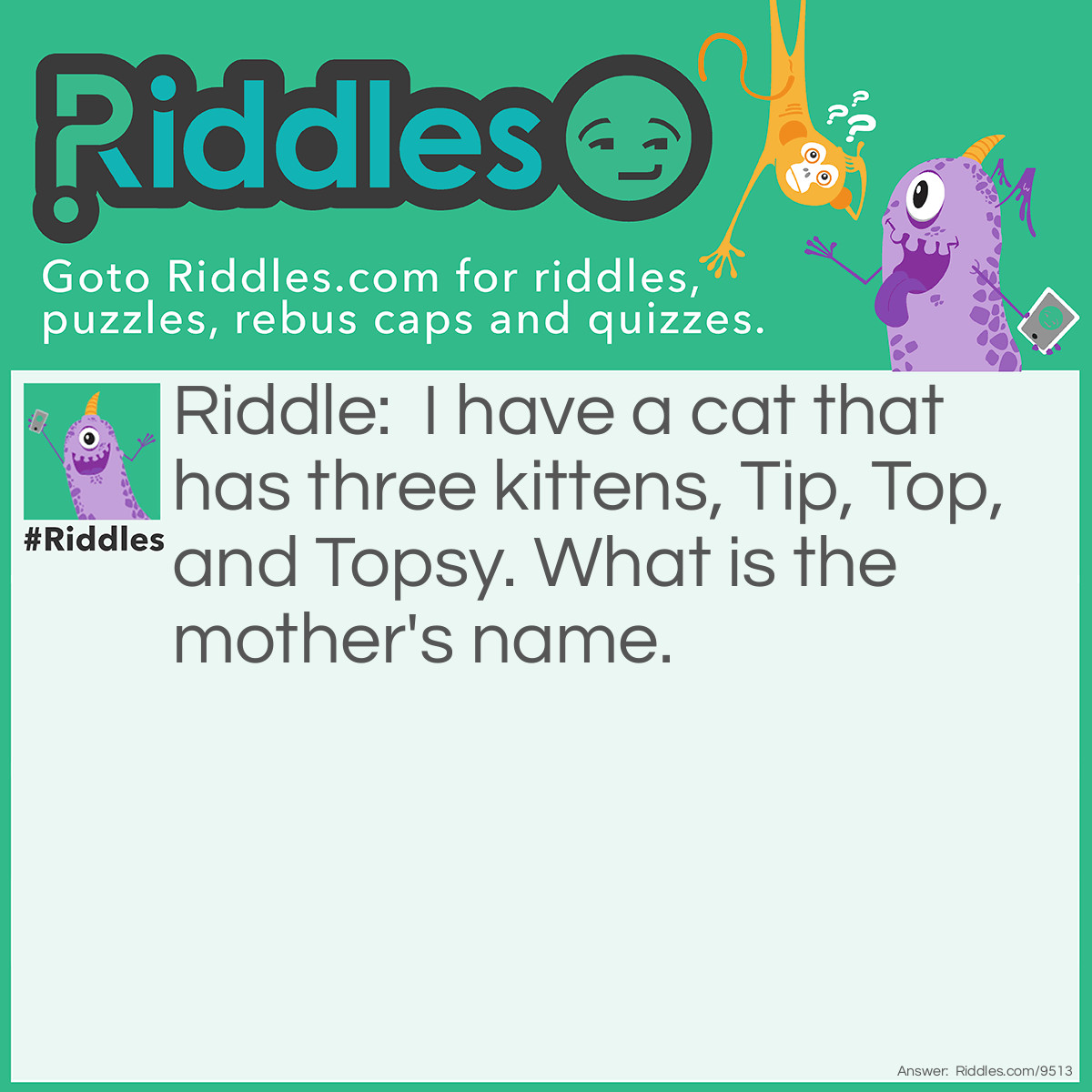 Riddle: I have a cat that has three kittens, Tip, Top, and Topsy. What is the mother's name. Answer: There is no question mark at the end of the "question", so the answer is What.