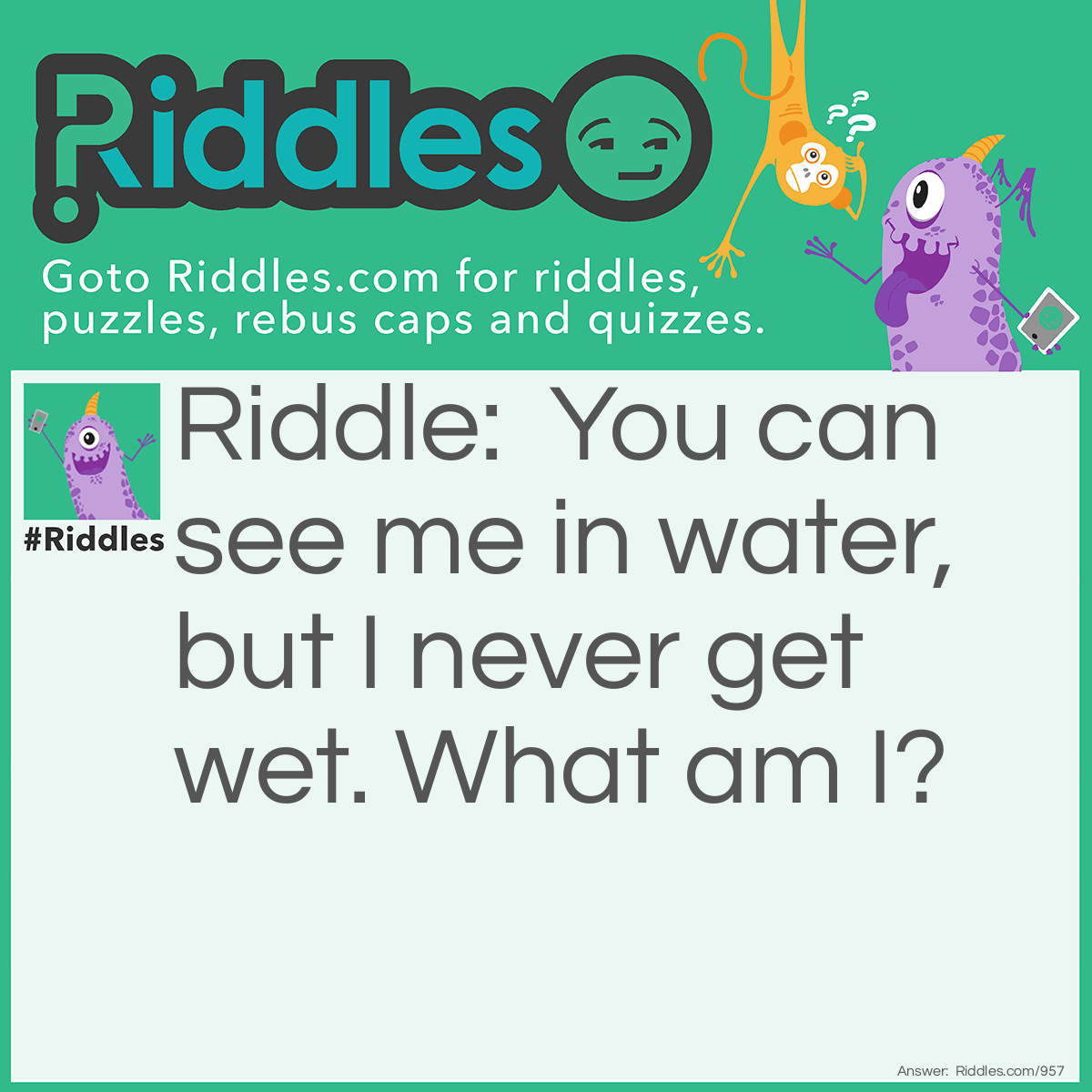 Riddle: You can see me in water, but I never get wet. 
What am I? Answer: A reflection.