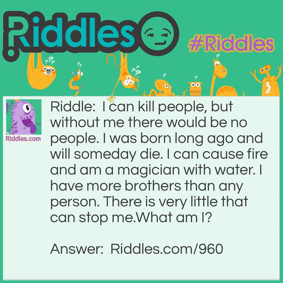 Riddle: I can kill people, but without me there would be no people. I was born long ago and will someday die. I can cause fire and am a magician with water. I have more brothers than any person. There is very little that can stop me.
What am I? Answer: A celestial body.