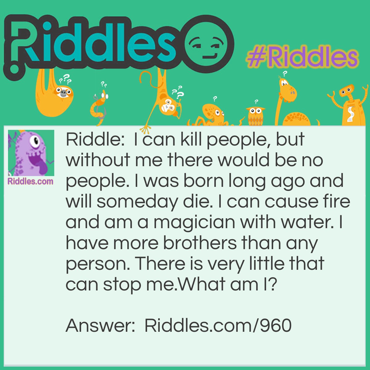 Riddle: I can kill people, but without me there would be no people. I was born long ago and will someday die. I can cause fire and am a magician with water. I have more brothers than any person. There is very little that can stop me.
What am I? Answer: A celestial body.