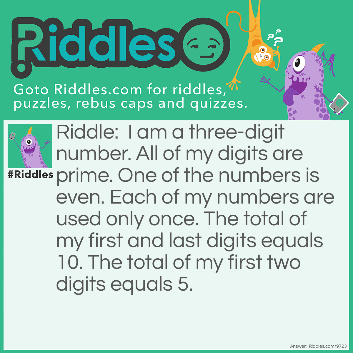 Riddle: I am a three-digit number. All of my digits are prime. One of the numbers is even. Each of my numbers are used only once. The total of my first and last digits equals 10. The total of my first two digits equals 5. Answer: This one is fairly easy if you use elimination if you follow all the first 5 steps you get three options: 525, 327, and 723 but if you followed the last step you would reach your answer. The answer was 327.