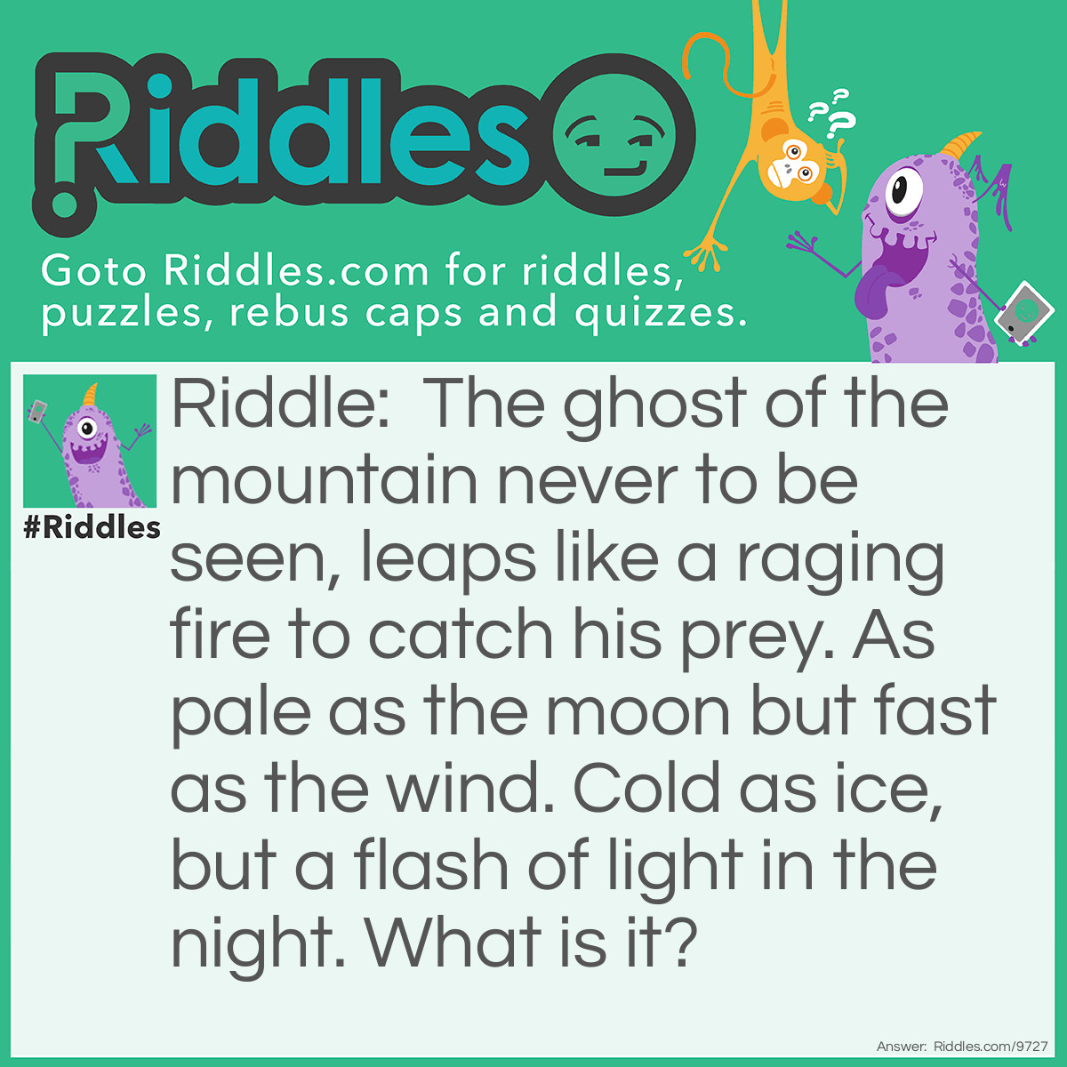 Riddle: The ghost of the mountain never to be seen, leaps like a raging fire to catch his prey. As pale as the moon but fast as the wind. Cold as ice, but a flash of light in the night. What is it? Answer: A snow leopard.