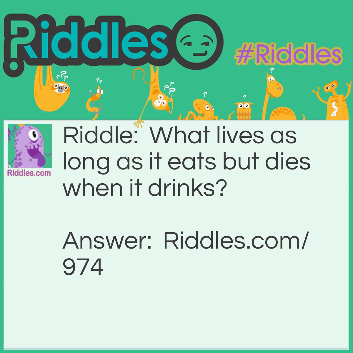 Riddle: What lives as long as it eats but dies when it drinks? Answer: Fire.