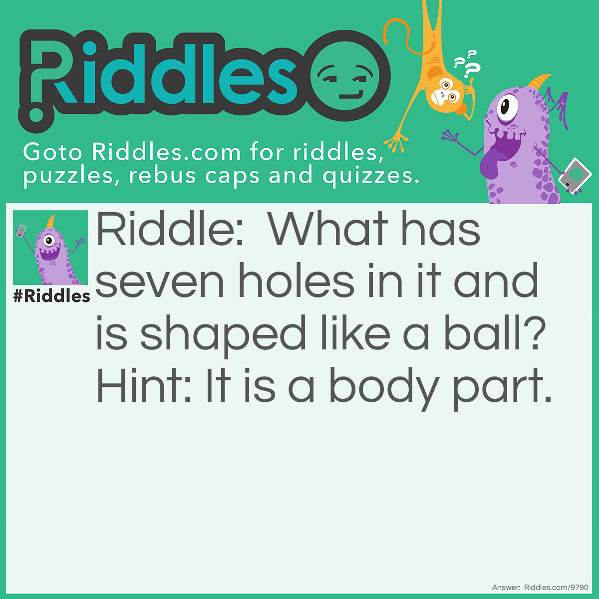 Riddle: What has seven holes in it and is shaped like a ball? Hint: It is a body part. Answer: Your head.