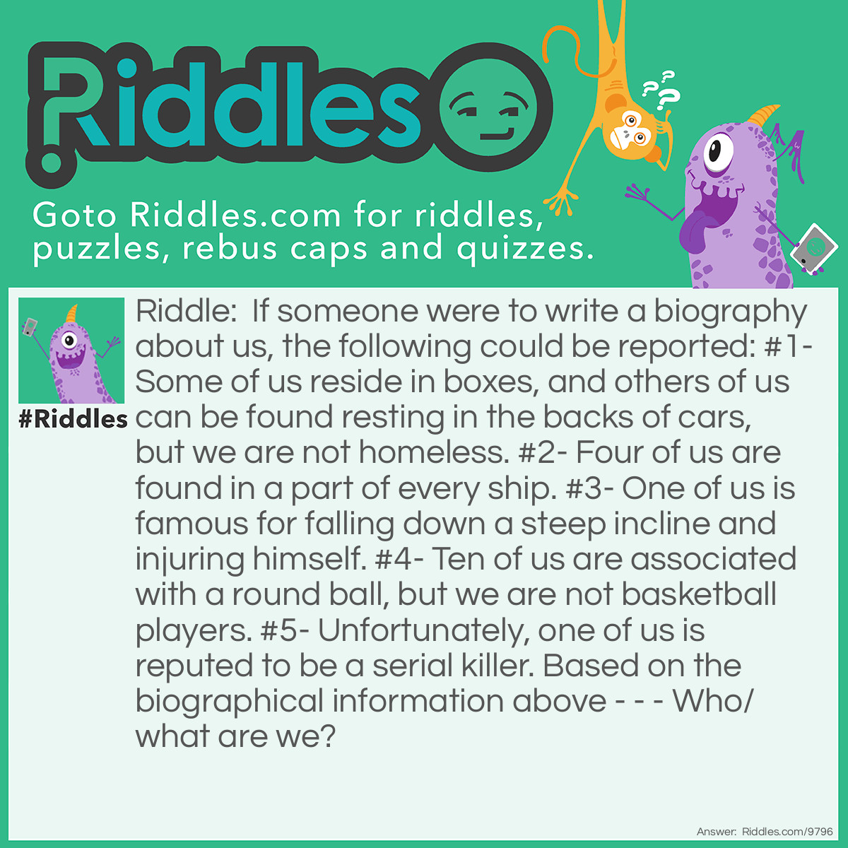 Riddle: If someone were to write a biography about us, the following could be reported: #1- Some of us reside in boxes, and others of us can be found resting in the backs of cars, but we are not homeless. #2- Four of us are found in a part of every ship. #3- One of us is famous for falling down a steep incline and injuring himself. #4- Ten of us are associated with a round ball, but we are not basketball players. #5- Unfortunately, one of us is reputed to be a serial killer. Based on the biographical information above - - - Who/what are we? Answer: We are all Jacks / jacks.