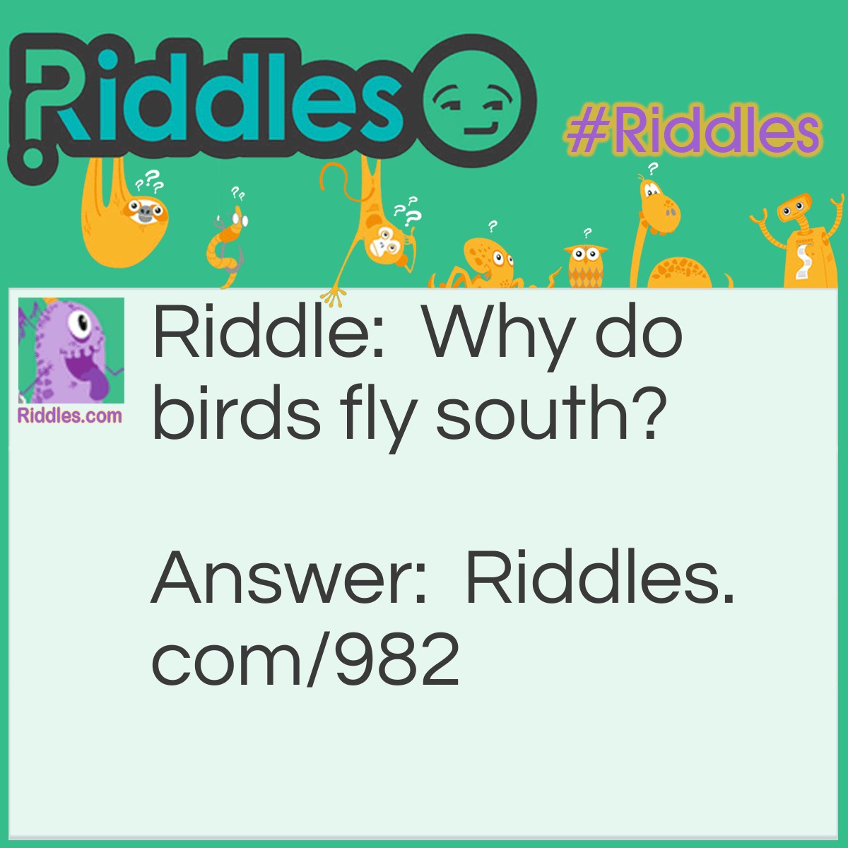 Riddle: Why do birds fly south? Answer: Because it's too far to walk.