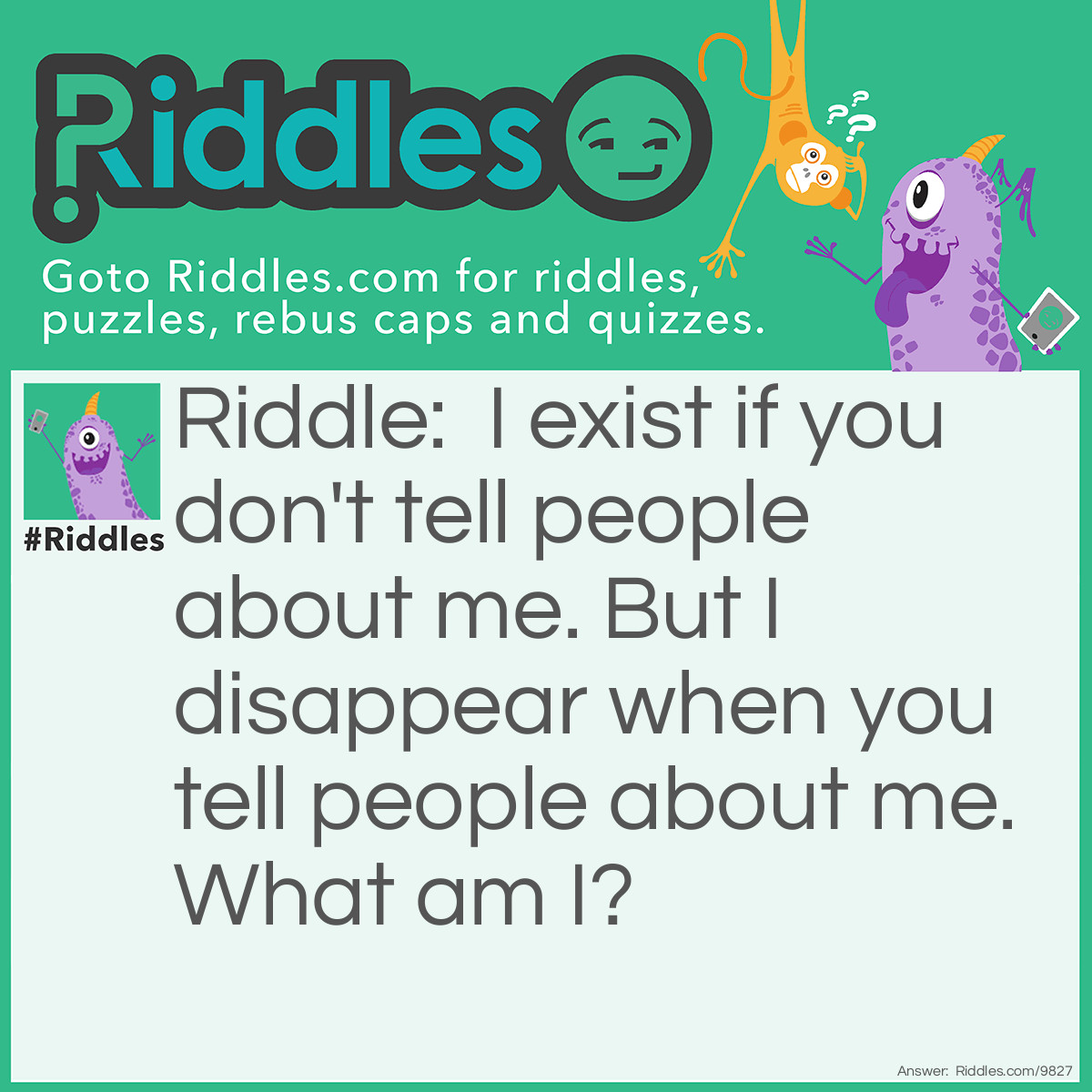 Riddle: I exist if you don't tell people about me. But I disappear when you tell people about me. What am I? Answer: Secret and Surprise.